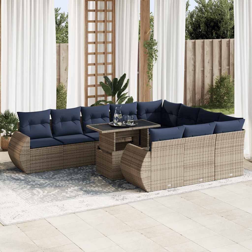 11-tlg. Garten-Sofagarnitur mit Kissen Grau Poly Rattan Akazie
